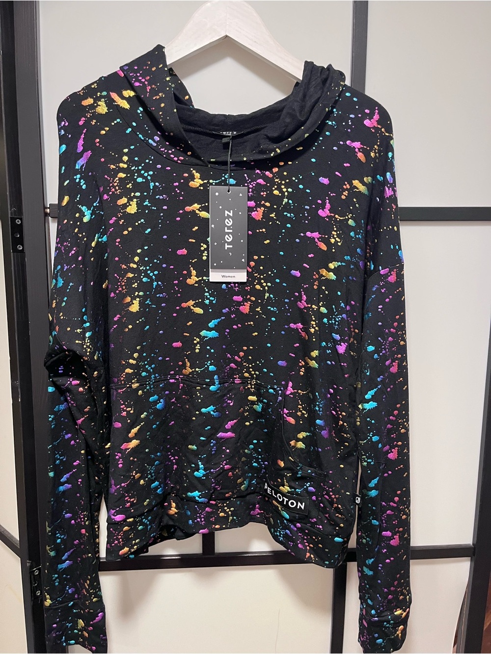 NWT Peloton x Terez Rainbow Foil Paint Splatter Cross Back Hoodie XL